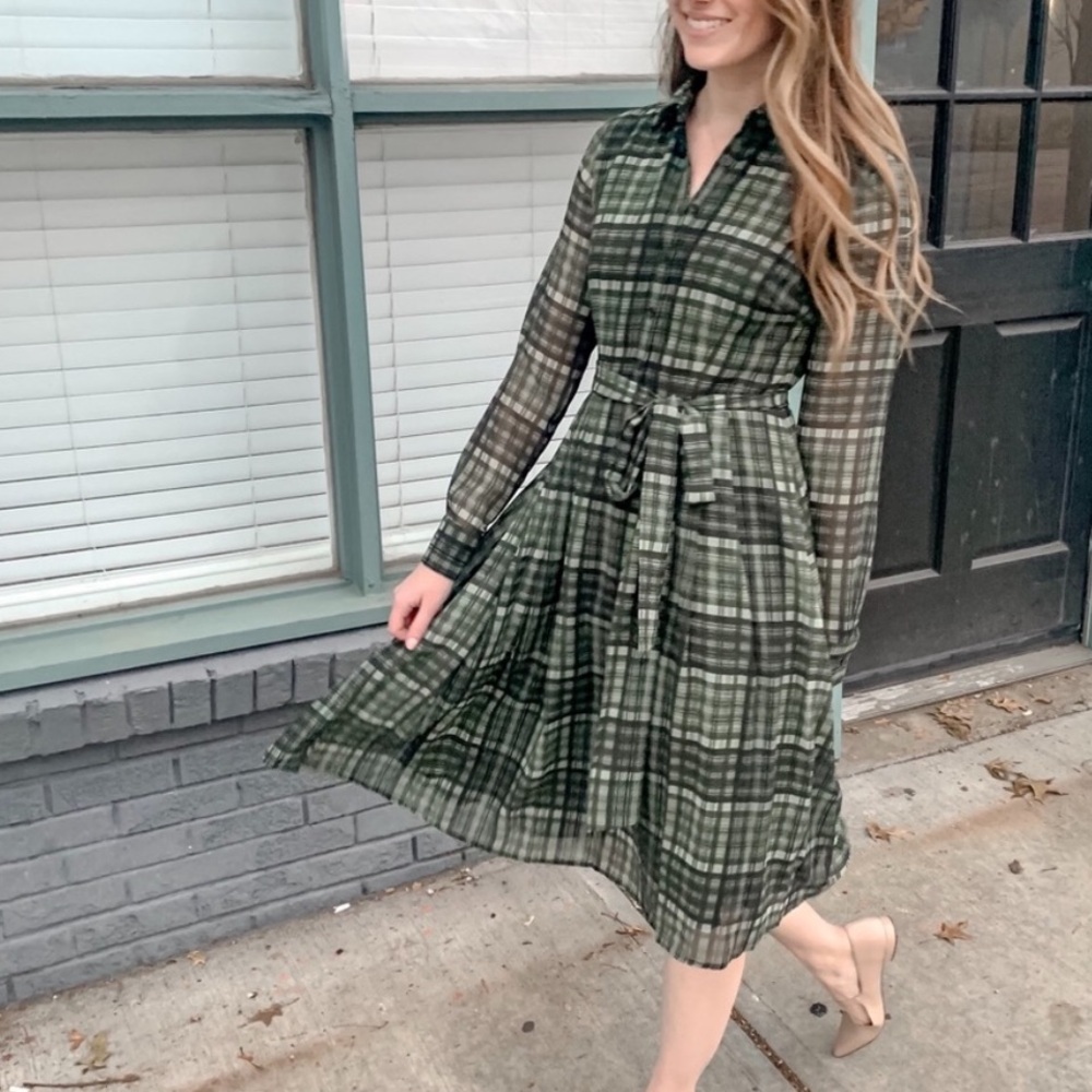 Gal Meets Glam Green Plaid Long Sleeve Shirt Dress Size 6 NWT Blogger Favorite - Picture 3 of 16